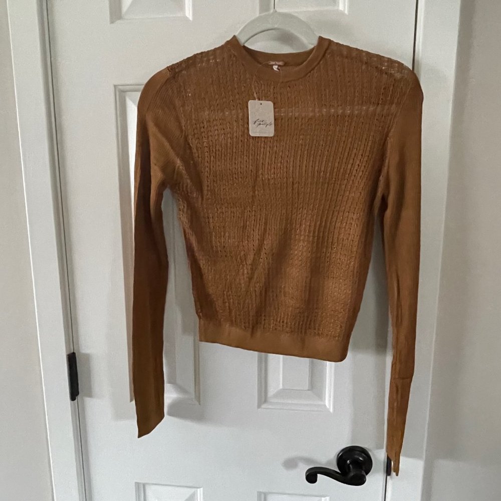 Free People H20 Crew Pullover Mesh Sheer Tiger Eye Size Small New